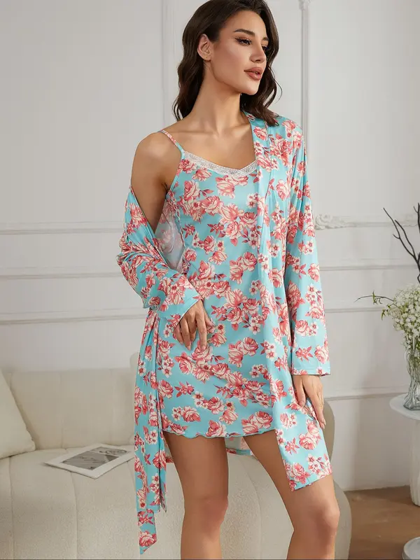 Women's All Over Floral Print Belted Long Sleeve Robe & Lace Trim V Neck Cami Nightdress Two-Piece Set, Casual Comfy Loungewear Set for Women, Women's Sleepwear for All Seasons 4