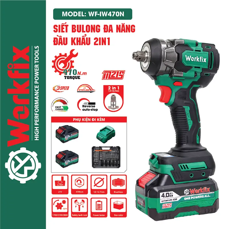 [ Tặng 25 phụ kiện] Máy Siết Bulong Workfix 470N.m - Đa Năng 2 In 1 - IW470NBL - Motor Brushless - Chân Pin Phổ Thông 2 Pin 21V/4Ah - Bảo Hành Chính Hãng 4