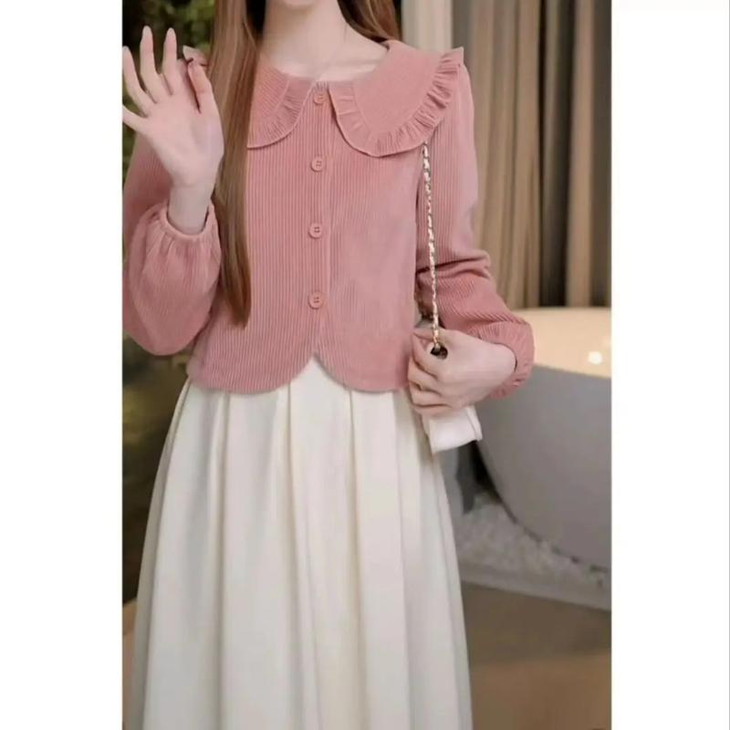 Product Introduction of Áo Sơ Mi Dài Tay Vải Nhung Kẻ, Phong Cách Mùa Thu Đông, Dành Cho Phụ Nữ, Phong Cách Pháp, Nữ Tính, Thời Trang Mới, Cổ Điển, Cổ Peter Pan, Áo Cánh Đi Chơi Áo Cánh Nhẹ, Quần Áo Nữ, Áo Sơ Mi Nữ 11