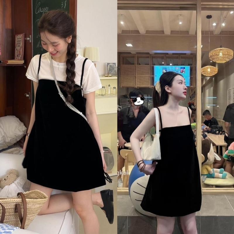 Có BIGSIZE [Un.style] Set váy yếm hai dây có túi bên mix áo phông giấy trơn Top 1 cho Nữ Women Dress