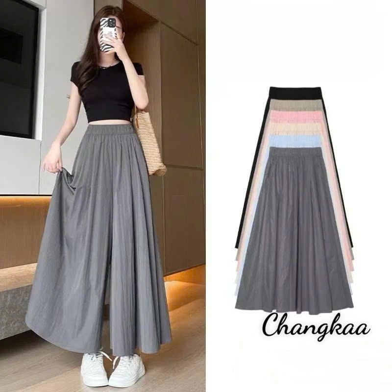Quần ống rộng dài bigsize nữ chất Đũi vân mây Quần giả váy lửng 1 lớp cạp cao lưng chun tiện lợi mát mẻ che khuyết Điểm quần  ống  suông  nữ