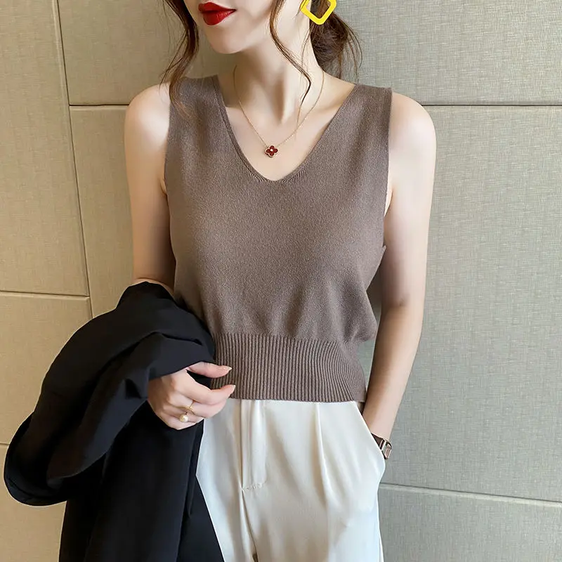 Áo Vest Dệt Kim Có Dây Đeo Cổ Chữ V, Phong Cách Pháp, Màu Trơn, Lụa Băng, Áo Dưới Mỏng Top Nữ Trắng