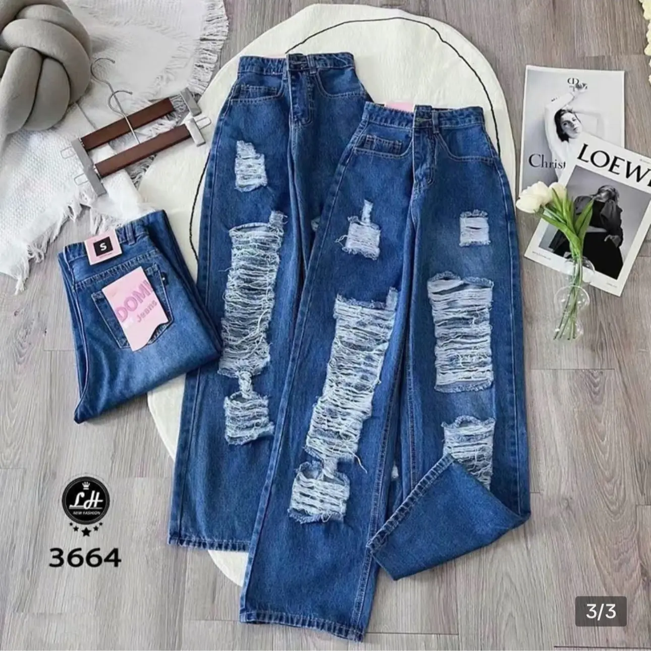 Quần jeans nữ lưng cao loa suông rách te tua, chất jeans  ko co giãn LS size: S M L