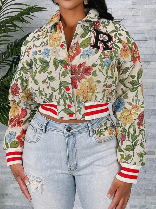Women's Floral Print Crop Jacket, Casual Long Sleeve Outerwear for Fall & Winter, Ladies Clothes for Daily Wear 3