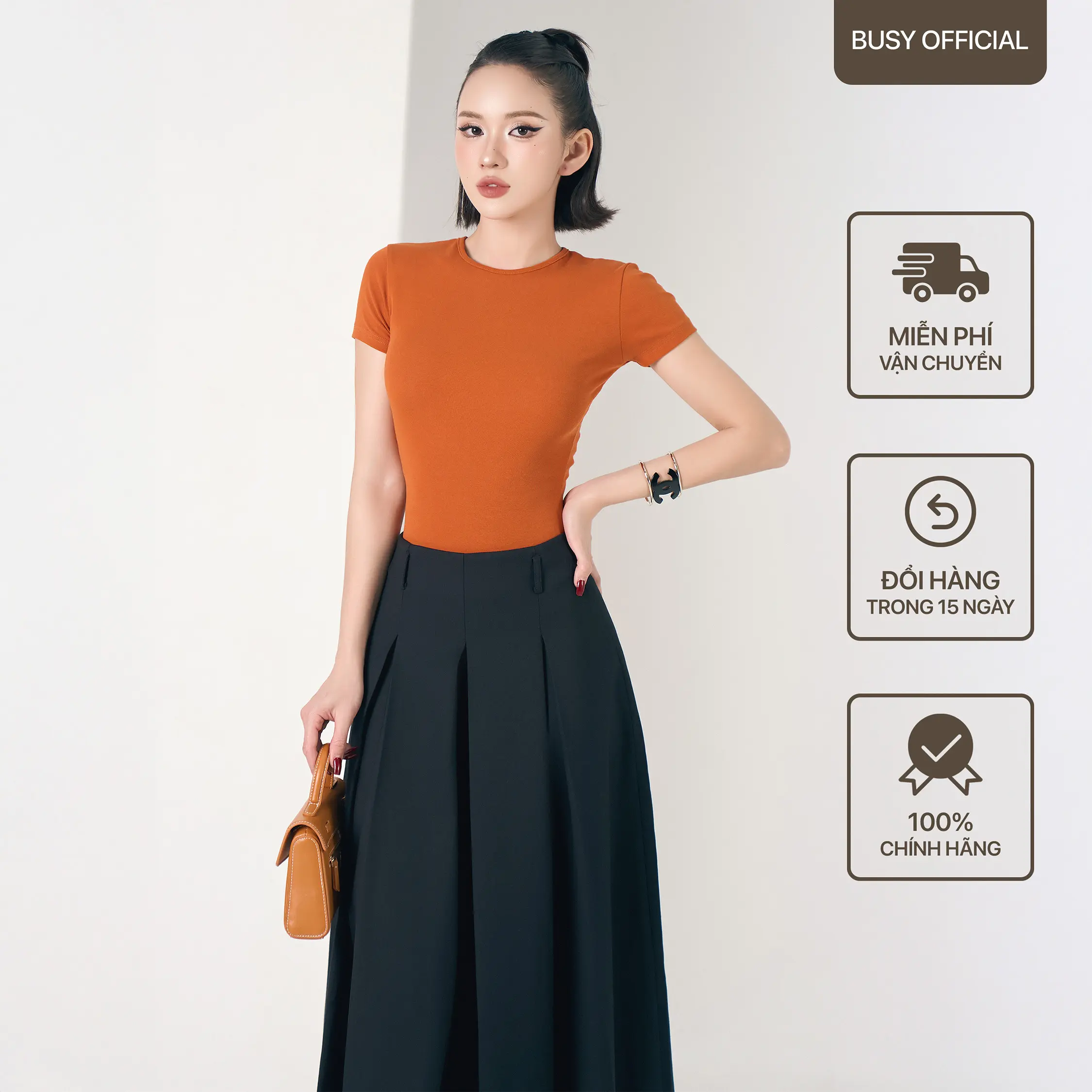 [BUSY] Áo Ngắn Tay Cổ Tròn Sát Dáng Thường Nữ BUSY Thun Zip 1 Lớp Co Giãn Ôm Sát NT8T Top Women