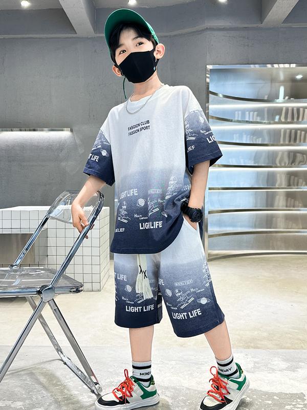 Bộ Quần Áo In Hình Ombree Cho Bé Trai Mùa Hè Chất Mềm Mại Co Giãn, Đủ Size Đến 55kg