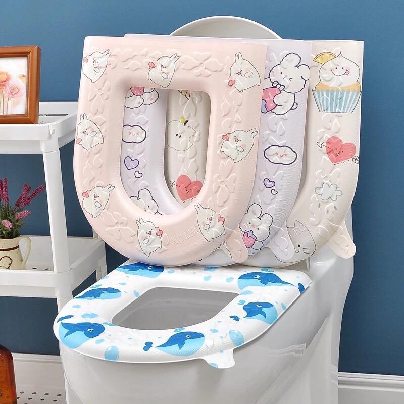    Miễn Ship   Combo 3 cái Đệm lót bồn cầu toilet có hoạ tiết dễ thương miếng lót bồn cầu chống thấm nước dễ vệ sinh có tay cầm 