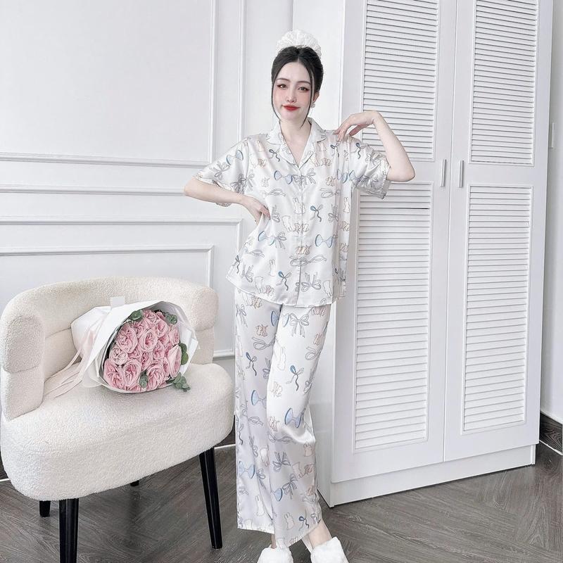 Bộ đồ ngủ nữ mặc nhà pijama lụa latin cao cấp cộc dài siêu mát họa tiết dễ thương Women Quần Ngủ đồ bộ