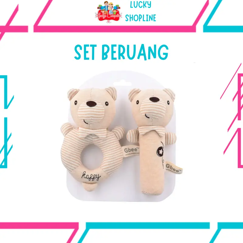 [BIG SALE] Mainan Bayi Organic Cotton Rattle Set (2pcs) ANIMAL RATTLE SET Boneka Stick Donat Kerincingan Plush Toys Play 1