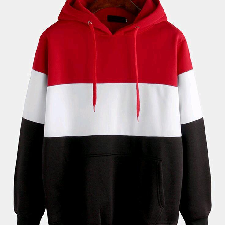 jaket hoodie kombinasi 3 warna Abu Biru Merah Fleece Tebal Pria varsity sweater hoodie cowok hodi 0