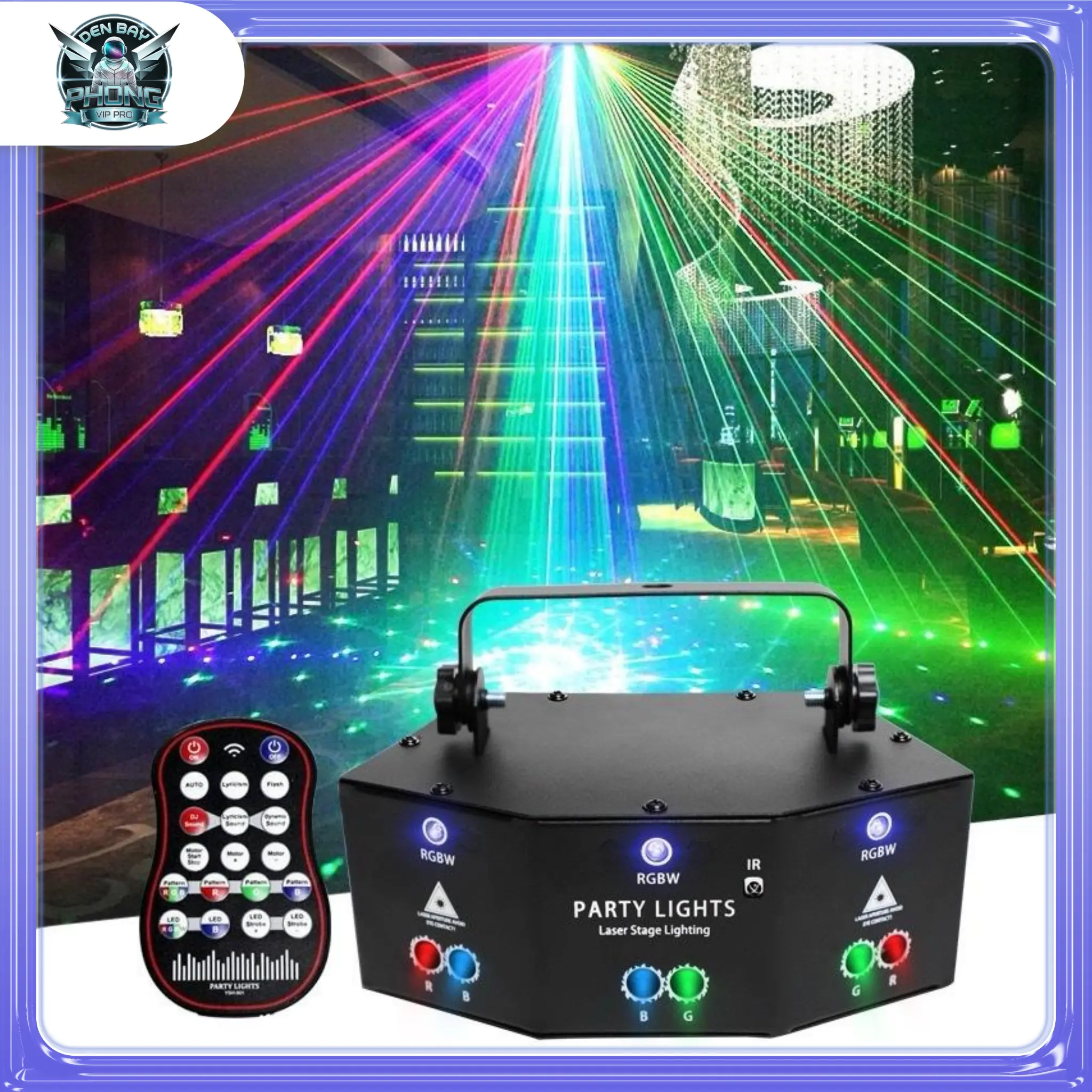 Đèn chiếu LASER 9 Mắt Cao Cấp, Cảm Biến Theo Nhạc, có romot điều khiển. Sử dụng cho sân khấu sự kiện, dịp lễ Tết, đám cưới, tiệc, party, phòng trà, phòng hát, phòng karaoke…