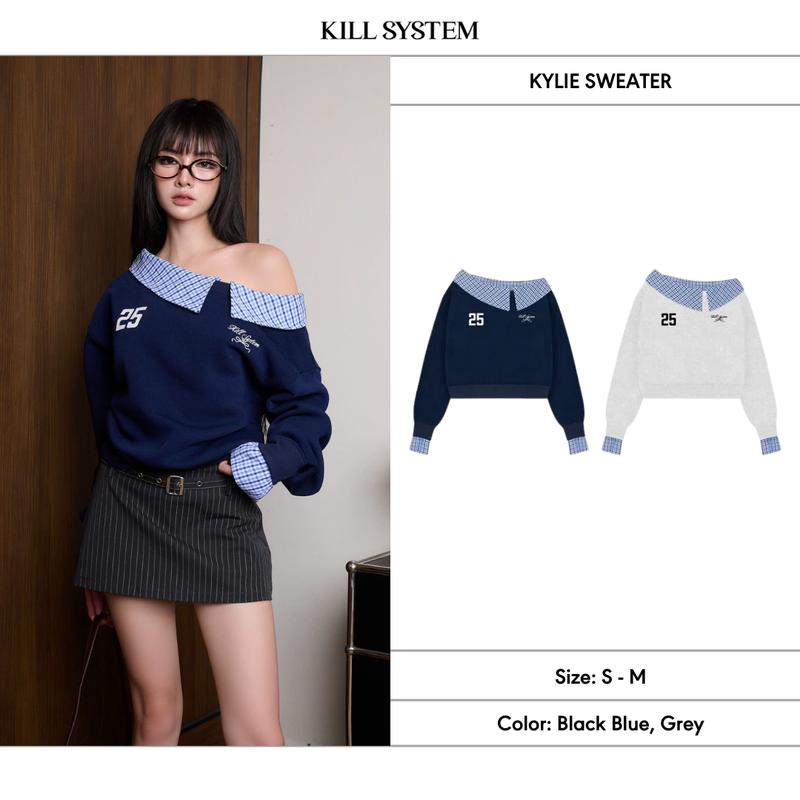 KILLSYSTEM - Áo sweater trễ vai tay dài KYLIE phối kẻ caro thêu logo