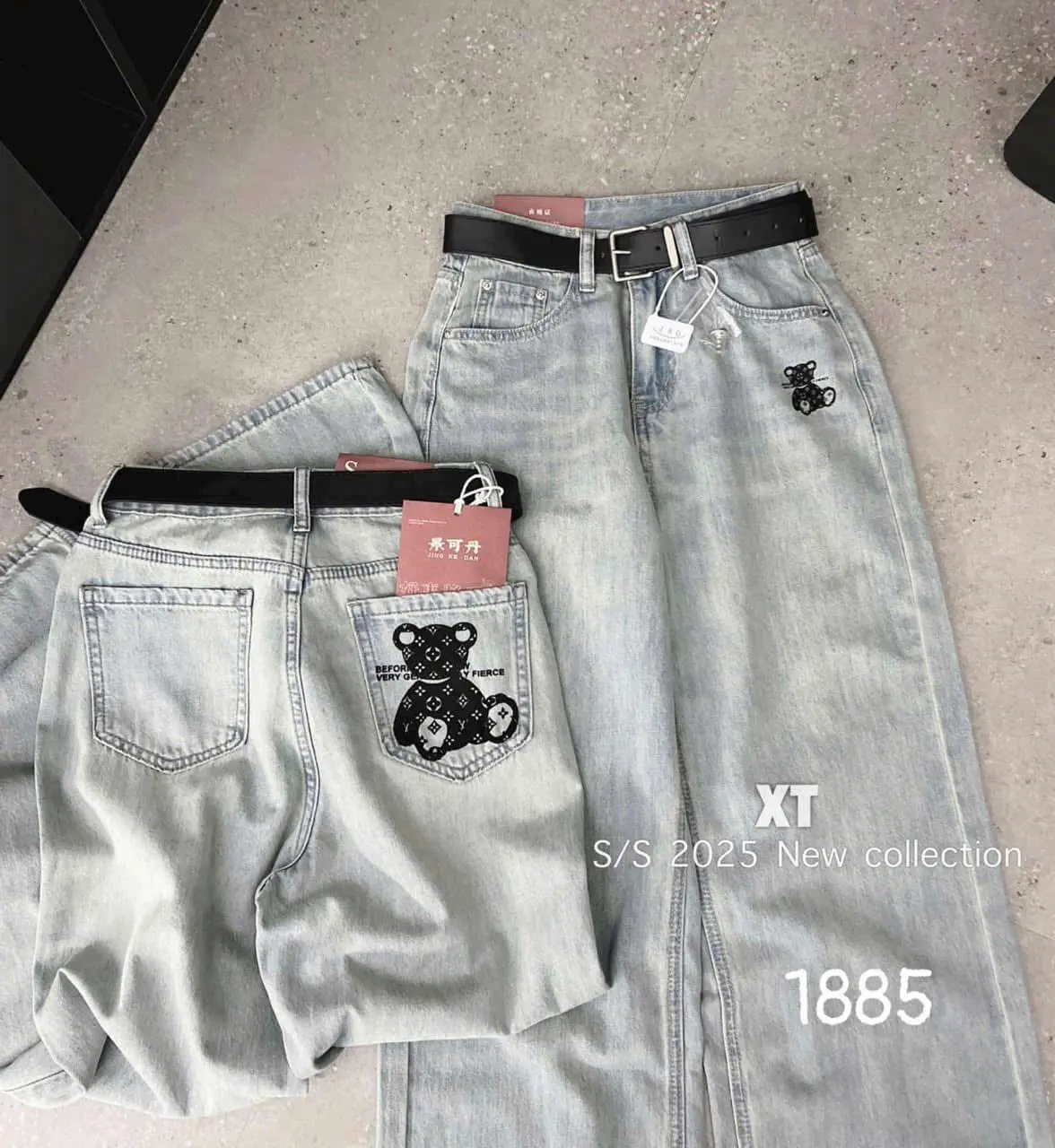 Quần Jeans Suông Thêu Gấu Ống Rộng Nữ Lưng Cao Thêu Gấu To Sau Mã 1885 Phong Cách Năng Động Trẻ Trung