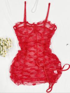 Women's Heart Print Contrast Mesh Sheer Cami Nightdress & Panty Set, Sexy Comfy Nighty Dress & Panty Set, Women's Sleepwear for All Seasons