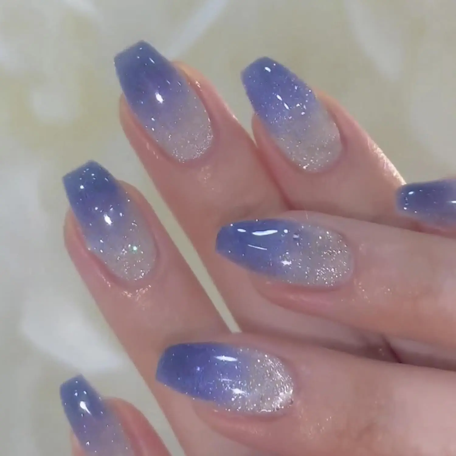Bling Coffin Press on Nails Fake Nails Full Coverage Medium Fake Gradient Nails Suitable for Women and Girls 24 Pieces (Blue Gradient Shiny)