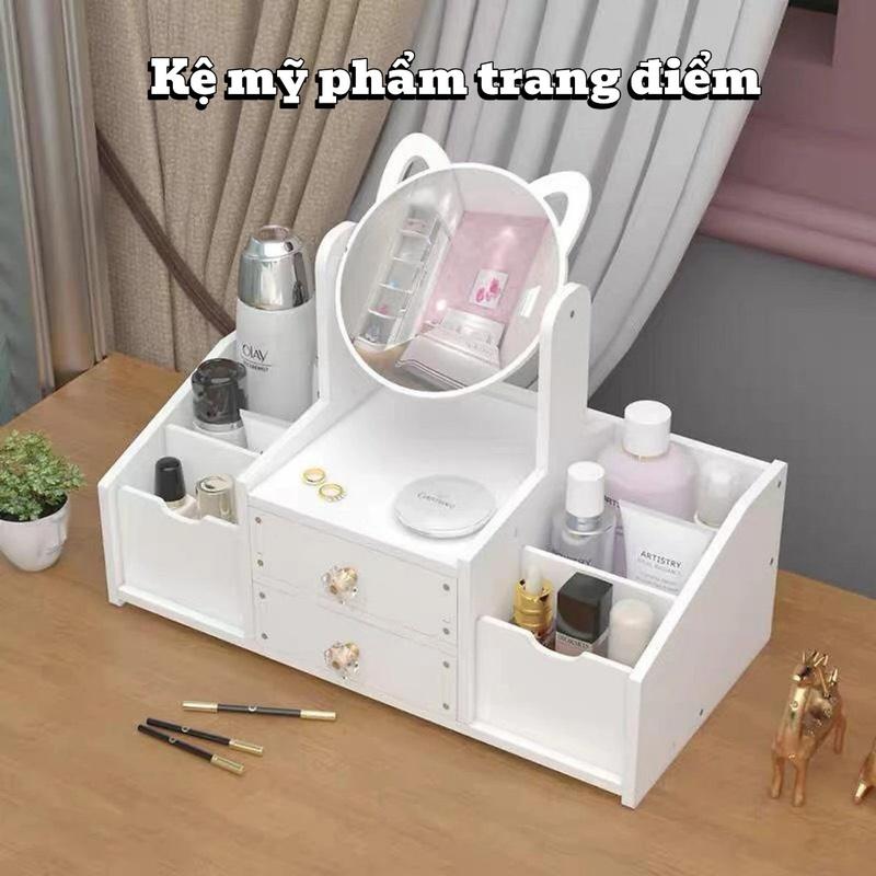 Kệ Tủ Đựng Mỹ Phẩm Mini Chữ Nhật Có Gương Tai Mèo Dễ Thương - Kệ Gỗ Đựng Mĩ Phẩm Có Gương Trang Điểm Tiện Dụng kệ  đồ  trang  điểm kệ  để  mỹ  phẩm  để  bàn kede do trang diem