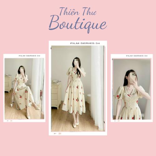 Đầm váy hoa tiểu thư tay bồng dáng dài nút bọc cổ tim khoét vai cho nàng đi dự tiệc,đi dạ hội ,đi chơi ,đi công sở