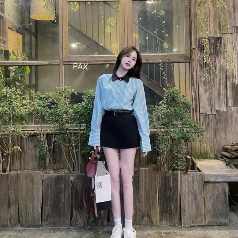 Sơ mi kẻ xanh dài tay thanh lịch cho nàng Nữ Women Top 1