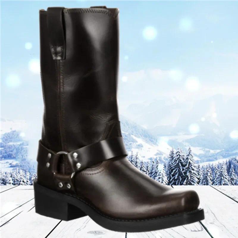 Product Introduction of Retro Cowboy Mid Calf Western Pu Leather Man Slip on Shoes Winter Knight Booties Plus Size 39-48 Zapatos Hombre Chelsea Men 17
