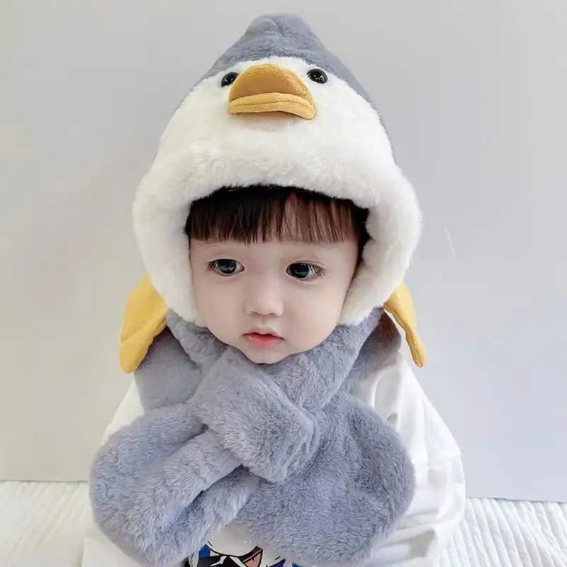 Mũ len trùm cho bé trai bé gái từ 3 - 5 tuổi kèm khăn chéo mẫu Vịt đáng yêu 2