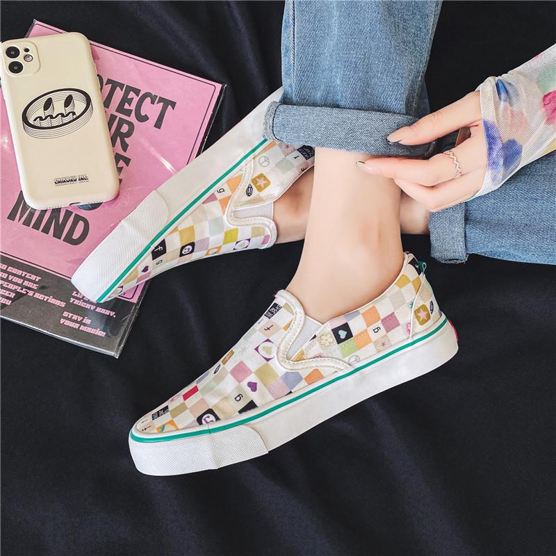 2024 Autumn New Breathable Slip-on Lofter Canvas Shoes Women's Plaid Cartoon Mario Pattern Plaid Sneakers 1