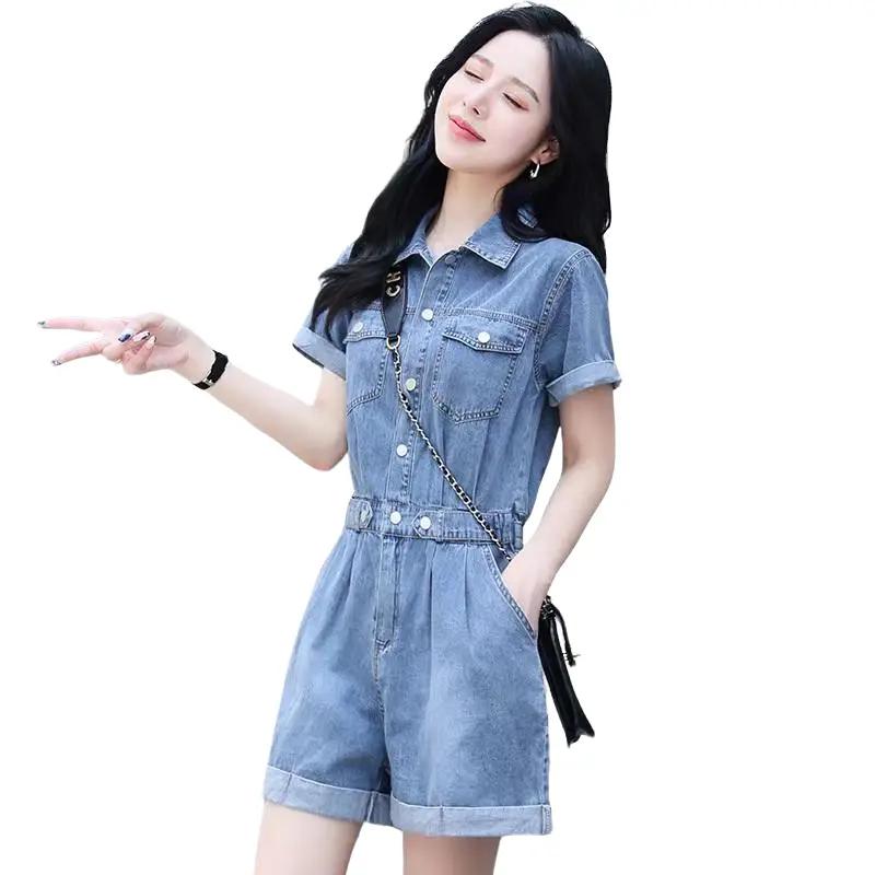 Bộ Áo Liền Quần Jumpsuit Jean Nữ Cá Trính Trẻ Trung Năng Động Tay ngắn  Xanh B01