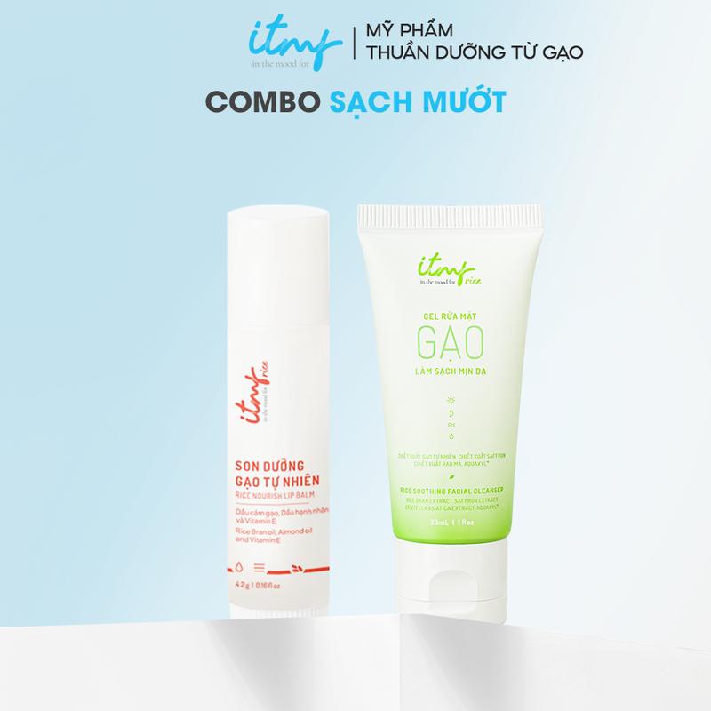 [Combo Du Lịch Sạch Mướt Mềm Môi] Gel Rửa Mặt Gạo 30mL & Son Dưỡng Gạo 4.2g ITMF - Mỹ phẩm thuần dưỡng từ Gạo