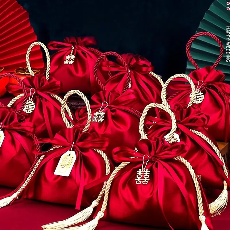 Túi Kẹo Đám Cưới, Màu Đỏ, Dành Cho Khách, Túi Vải Dây Rút, quà tặng đám cưới Trung Quốc, Thích Hợp Cho Giáng Sinh Và Tiệc Sinh Nhật, Đồ Trang Trí Và Đóng Gói Quà Tặng