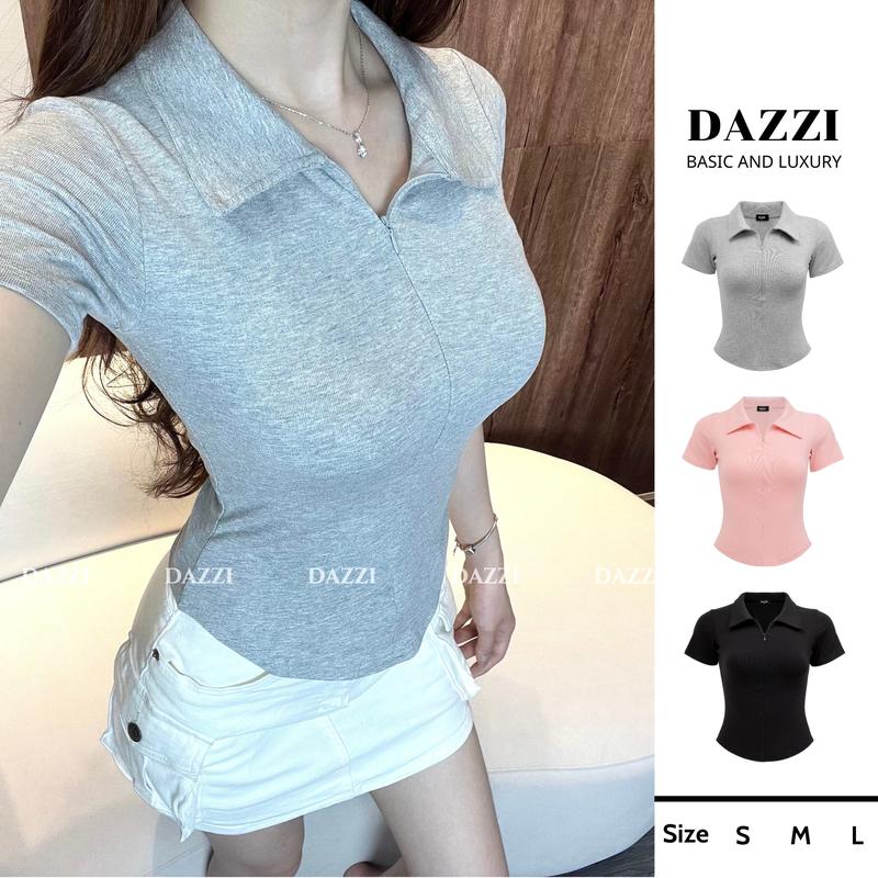 Áo thun nữ cổ bẻ phối dây kéo ôm dáng vải cotton mịn DAZZI Polo Women