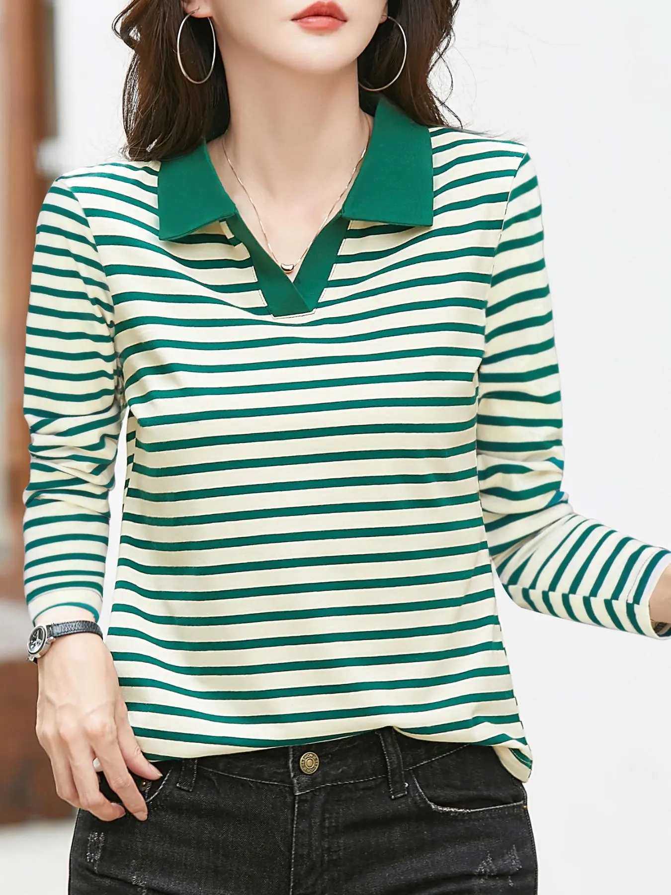 Women's Striped Print Polo Shirt, Casual Long Sleeve Top for Spring & Fall, Women's Top for Daily Wear
