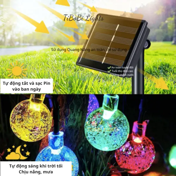 Đèn led nháy trang trí nhà cửa, trang trí cây thông noel lễ tết, đèn năng lượng mặt trời quả cầu bi bọt 30-50-100 bóng led 4