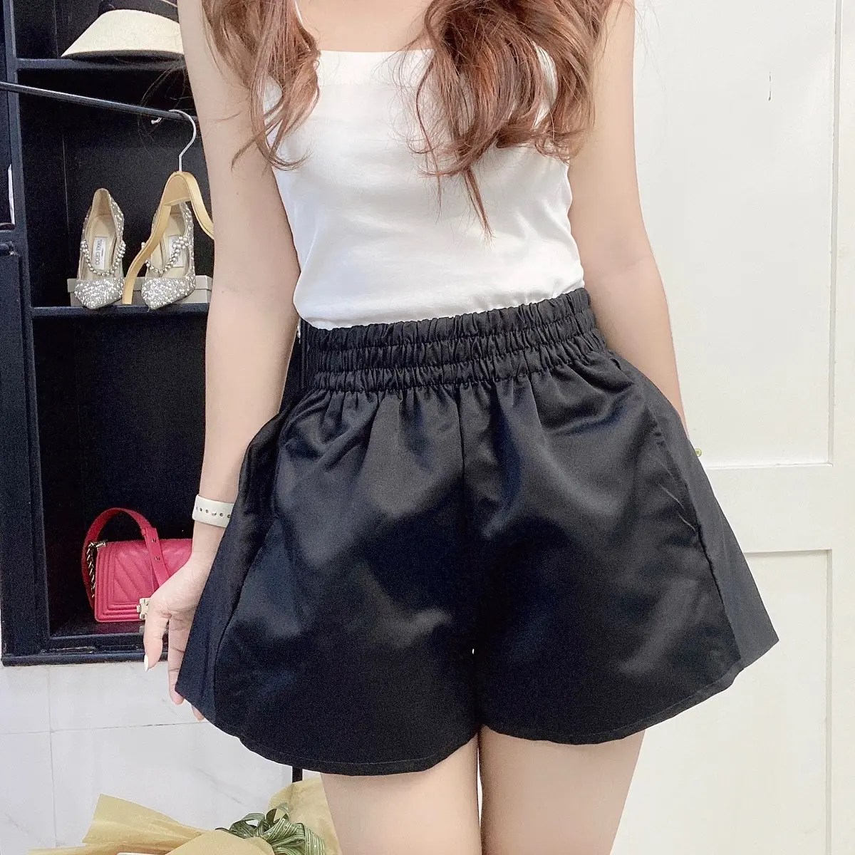 Quần short tafta ống rộng lưng chun bảng to