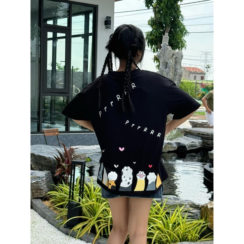 Áo Thun In Lụa ZIOUS CAT FOOTPRINTS Tee Unisex Cotton Cổ Tròn Form Rộng Dáng Suông Top Nam Nữ 1