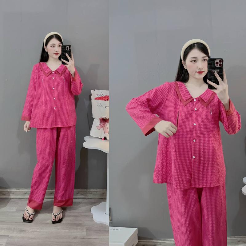 [XẢ KHO] Bộ Bầu - Bộ Sau Sinh, Chất Liệu Đũi Thái Kẻ Ô Nhỏ Cho Mẹ Bầu, Dáng Dài Cổ Nhọn 2 Lớp Có 5 Màu Mềm Mịn, Áo Có Khoá Kéo, Quần Có Chun Chỉnh Váy Bầu Đầm Bầu Dài Tay