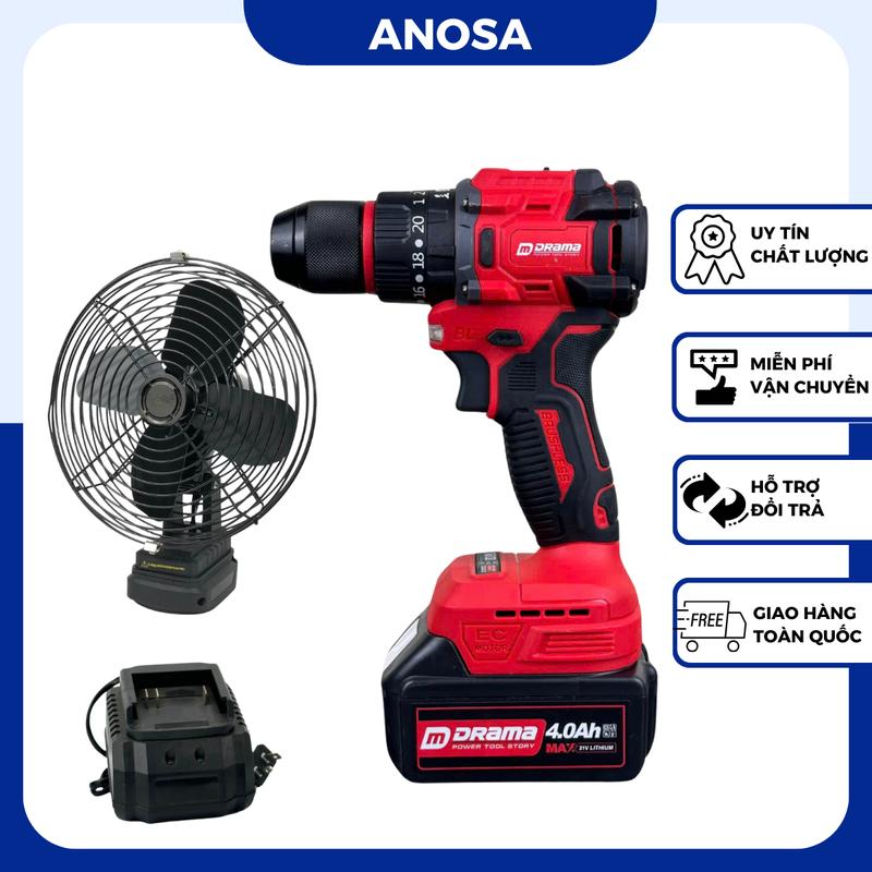 Bộ Máy Khoan Pin Drama D-5321 1Pin Sạc Tặng Quạt 8inch Chân Pin Phổ Thông - 3 Chức năng Không chổi than Đầu kẹp Autolock