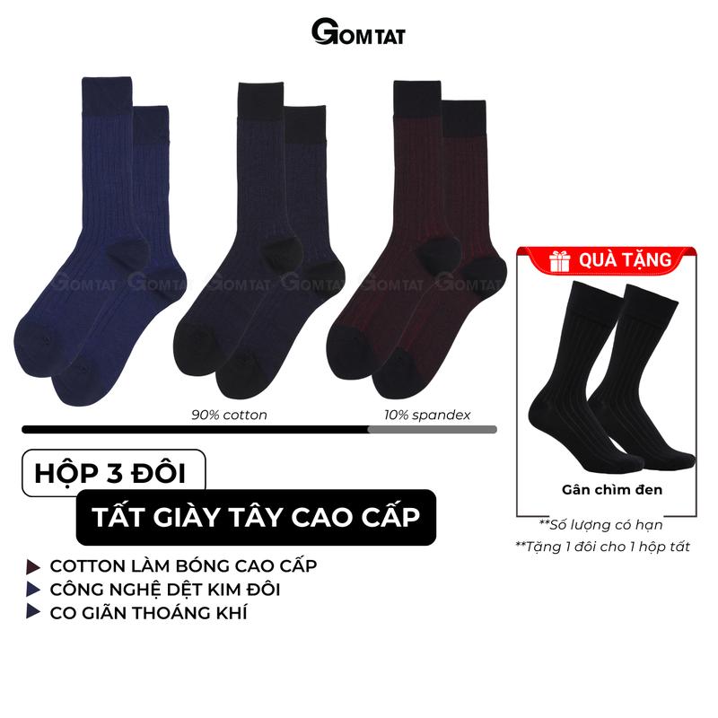 Hộp 3 đôi tất cổ cao GOMTAT công sở, vớ nam đi giày tây chất liệu cotton cao cấp, tất vớ nam hút ẩm thoáng khí, khử mùi êm chân - IHE-2202-CB3 Menswear