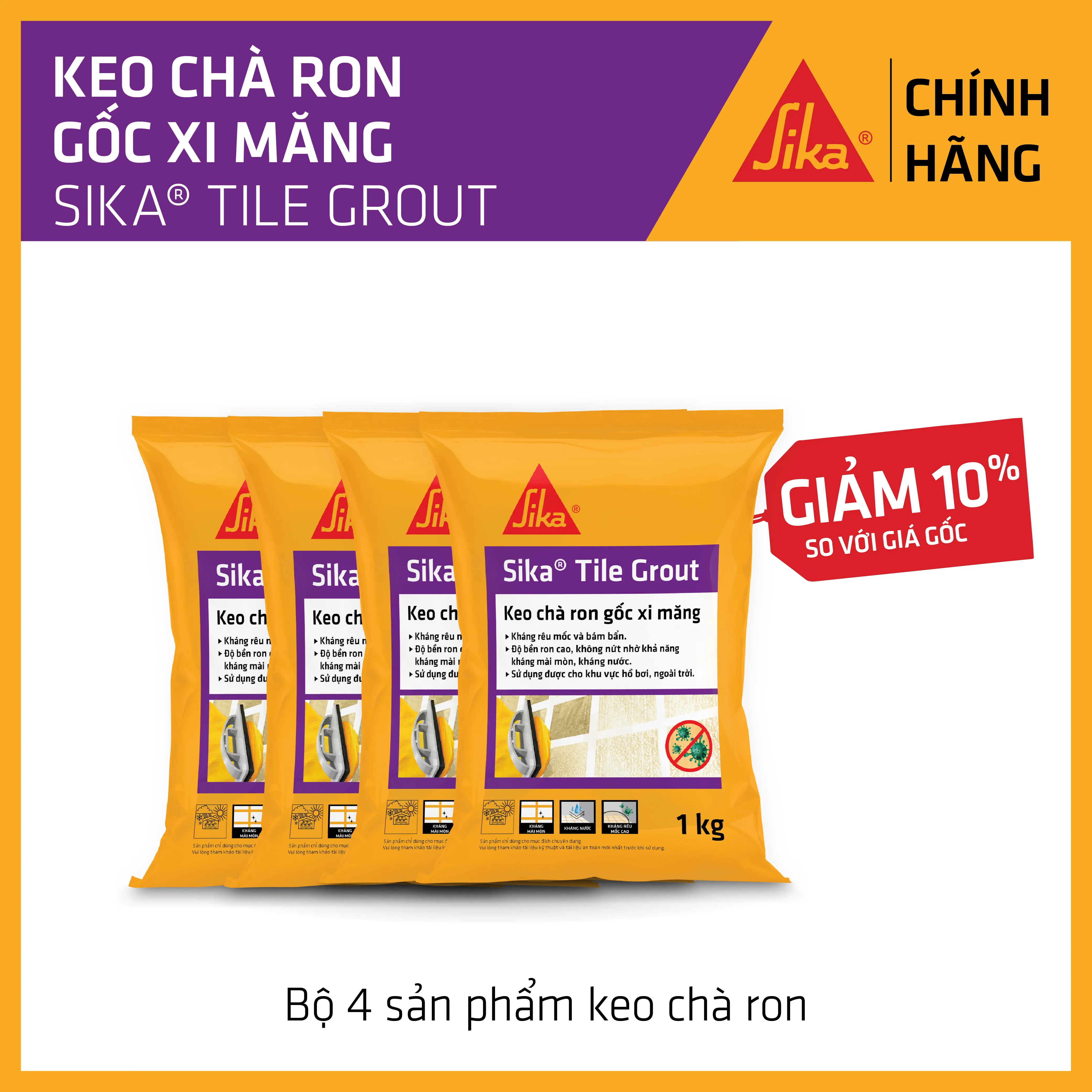 Sika - BỘ 4 sản phẩm keo chà ron chống thấm Sika  Tile Grout (bao 1 kg)