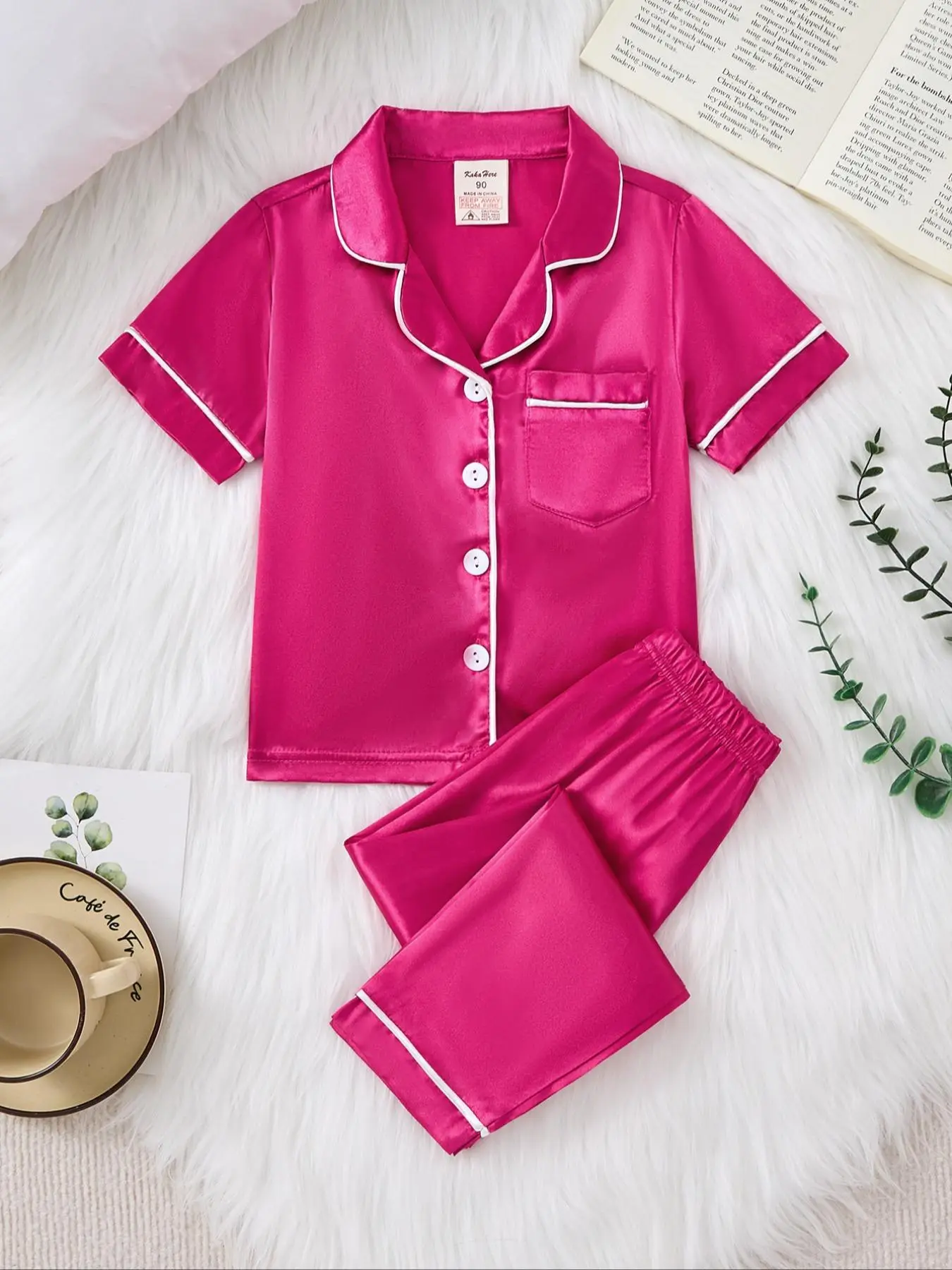 Toddler Girl's Solid Button Closure Lapel Shirt & Pants Loungewear Set, Soft Comfortable Pyjama Set for Spring & Fall, Kid's Sleepwear for Indoor Wear, Pajamas