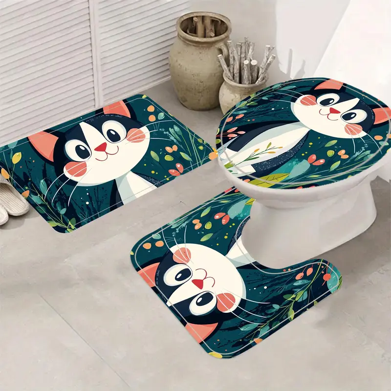 Cat Pattern Bathroom Decor Set, 4 Counts/set Including Shower Curtain & Toilet Lid Cover & Bath Mat & U-shaped Mat, Bathroom Accessories 2