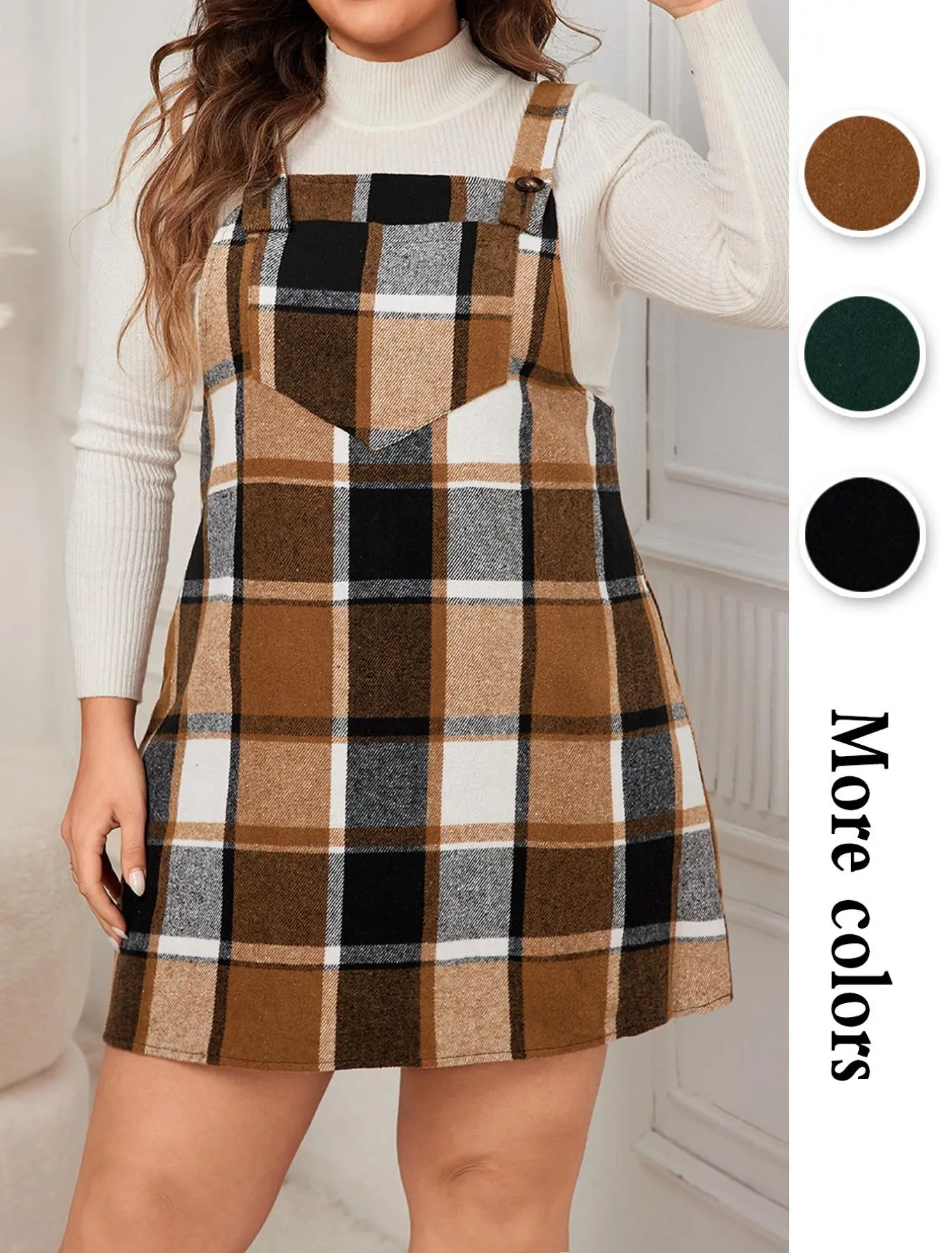 Plus Size Plaid Print Pocket Pinafore Dress, Casual Button Straps Overall Dress for Fall & Winter, Women's Clothes for Daily Wear