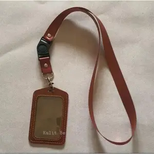 Id Card Holder Name Tag Kulit dengan Tali Nylon 1 Slot kartu