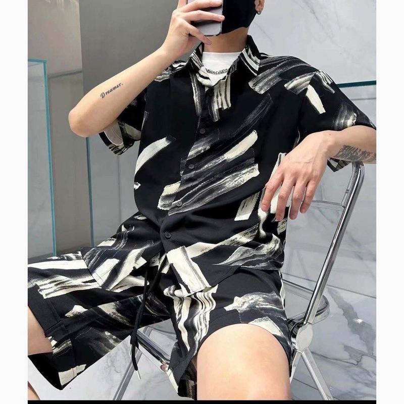 Bộ áo sơ mi + quần nam JULIDO chất vải đũi lụa mịn mát vân loang cổ sơ mi thoáng mát tay ngắn phù hợp đi biển và các hoạt động ngoài trời Menswear