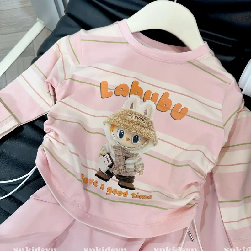 Set Quần suông kẻ áo cotton babythree kèm khăn - set quần kaki boom áo labubu croptop tay dài nhún eo 2 bên 10-30kg cho bé gái Cotton 3