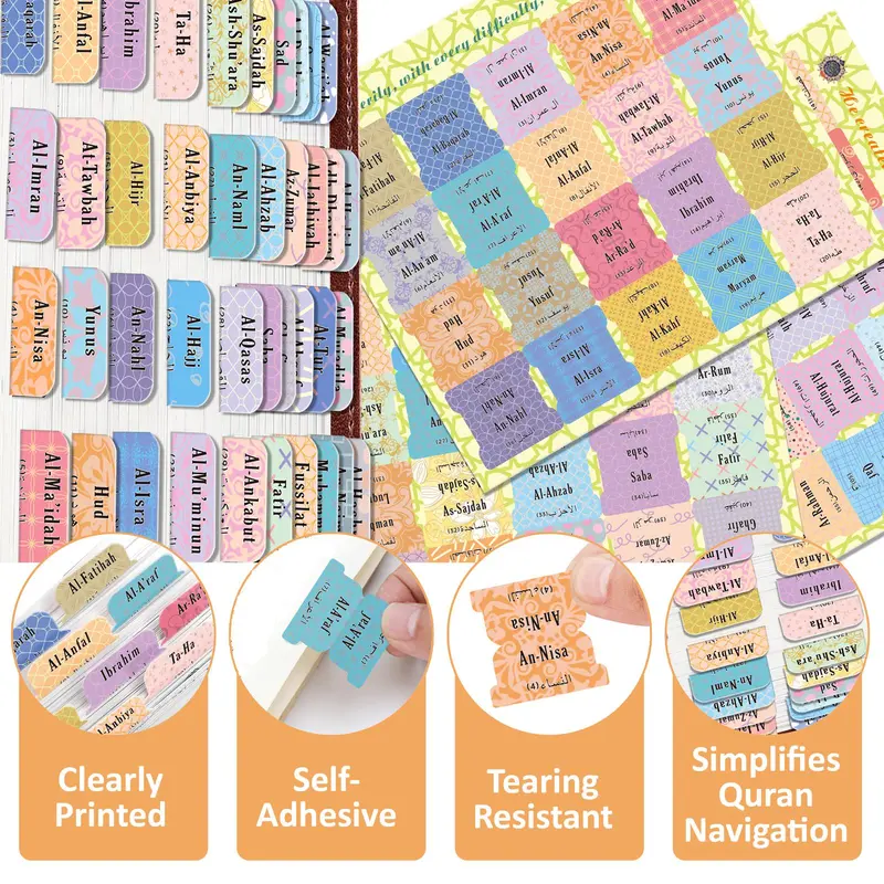 Self-adhesive Quran Tabs, 120pcs/set Tear-resistant Surah Organizer Labels Sticker with Islamic Designs, Quran Study Accessories & Islamic Gifts 6
