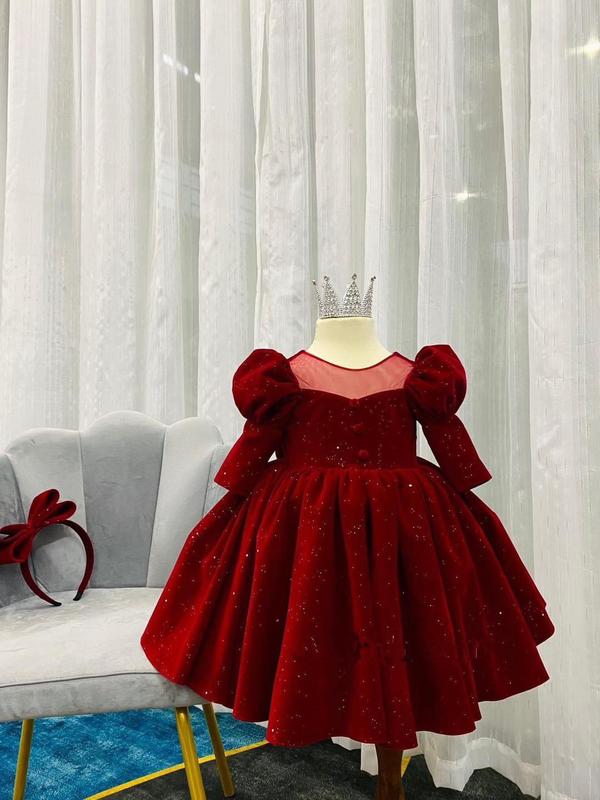 Váy Nhung Đỏ Dài Tay Cổ Lưới 3 Cúc Bọc Xinh Yêu Cho Bé Gái