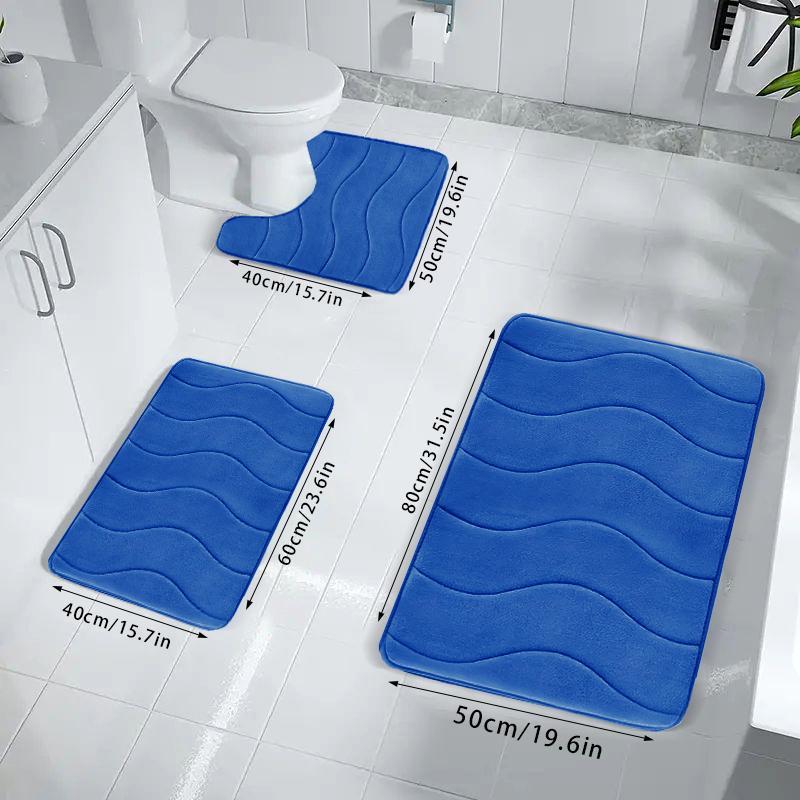 Soft Non-slip Bathroom Mat Set, 3pcs/set Household Wave Embossed Quick-dry Rug, Washable Water Absorbent Floor Pad, Household Bundle Bathroom Accessories 6