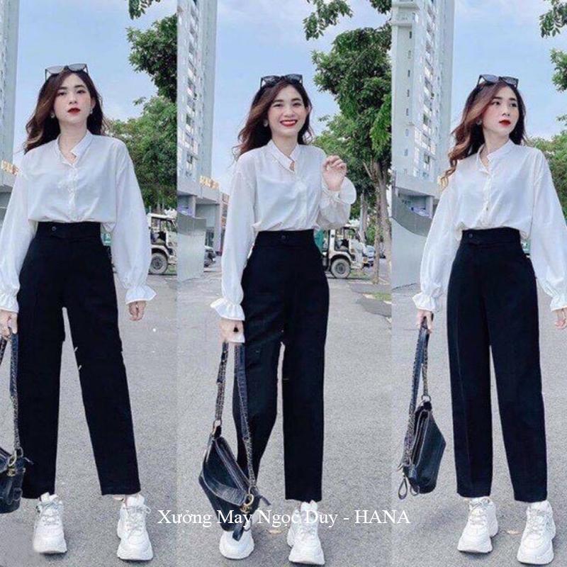 Quần baggy nữ cạp cao đi học làm công sở nút lệch có túi đỉa dáng quần tây lưng cao nữ đi học m50 m55 m60 vải tuyết mưa mềm dày