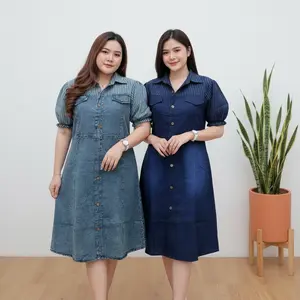 Dress Denim Jeans JUMBO Wanita Motif Salur Full Kancing Cantik IMPORT bahan Jeans Premium 3060 - EC86
