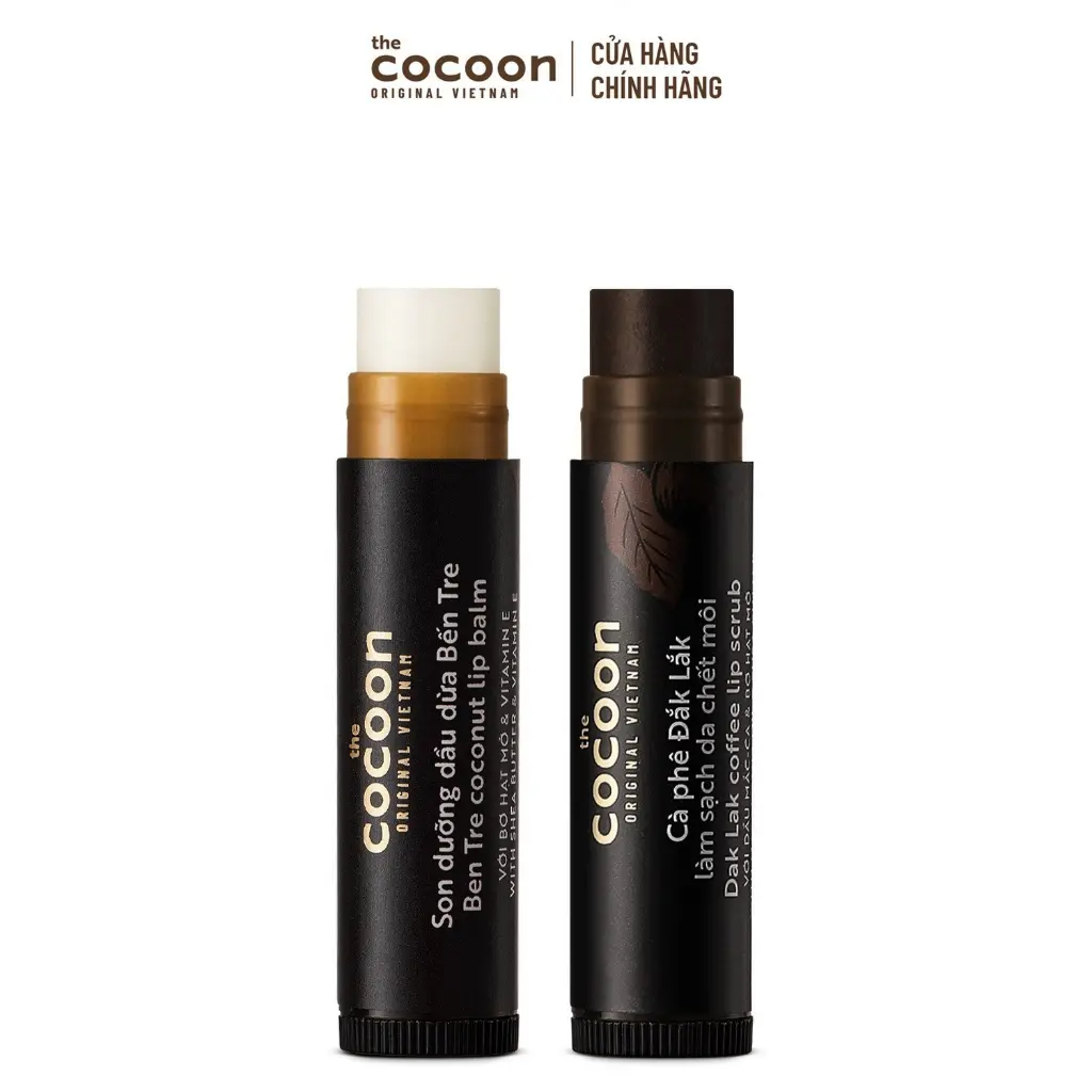 Combo Son Tẩy Da Chết Đắk Lắk Cocoon 5g & Son Dưỡng Môi Dầu Dừa Bến Tre 5g – Môi Đẹp, Mềm Mại, Mượt Mà Cả Ngày