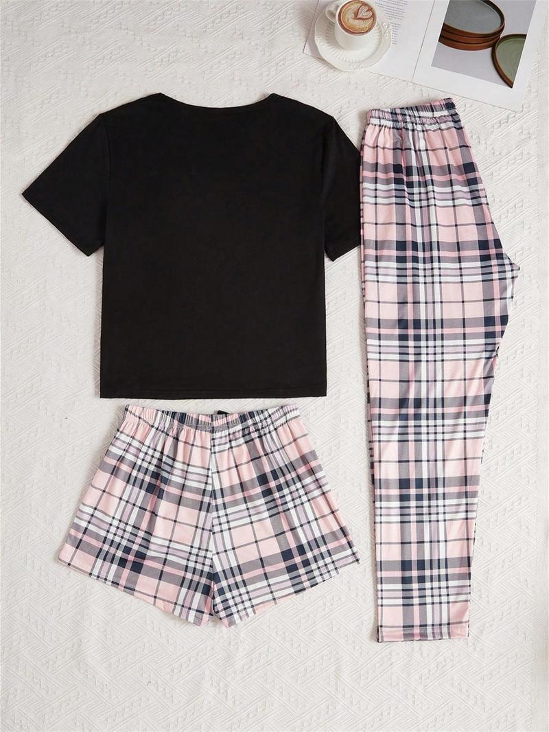Product Introduction of Three-Piece Set Women's Plaid Print Pyjama Set, Casual Comfy Short Sleeve T-shirt & Elastic Waist Shorts & Bow Front Pants PJ Set, Ladies Sleepwear for All Seasons 6